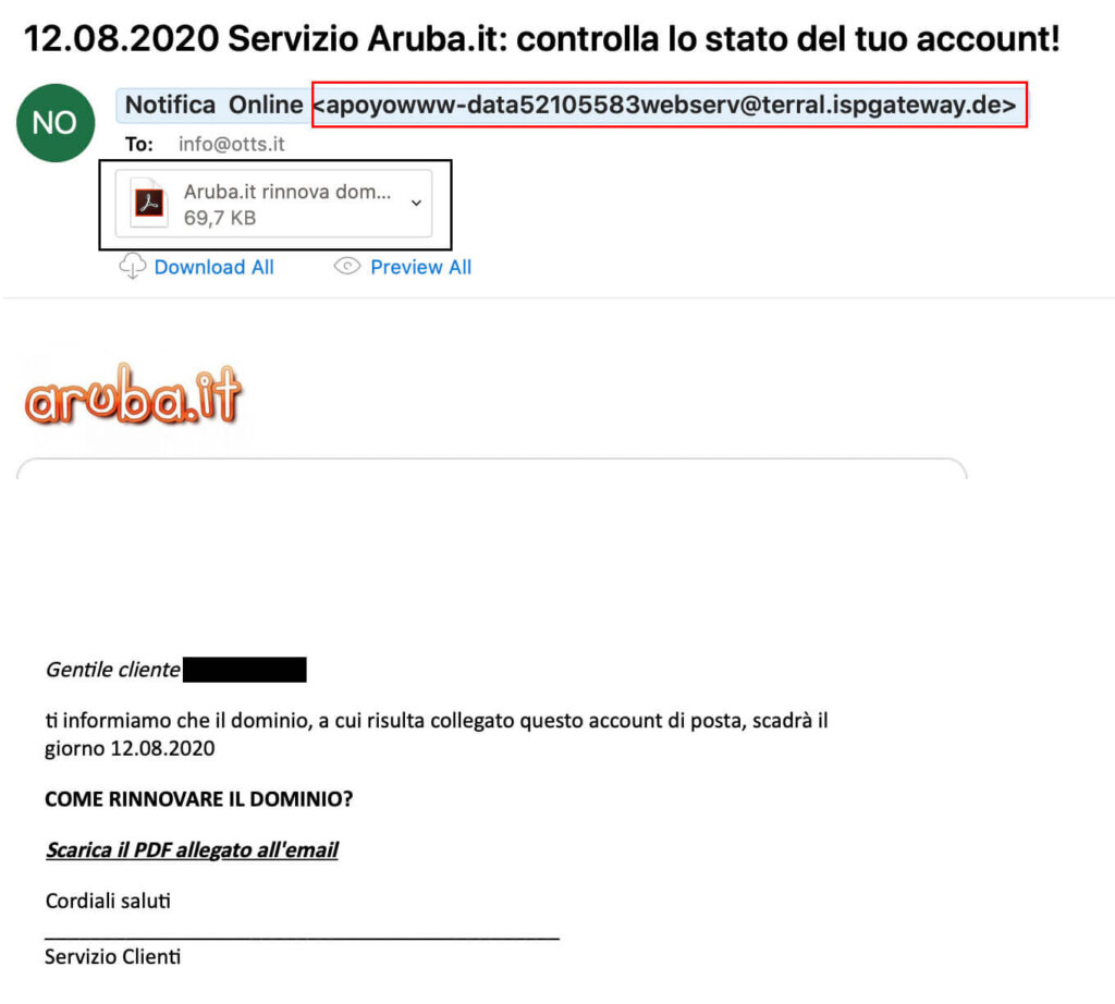 Truffa aruba rinnovo dominio email