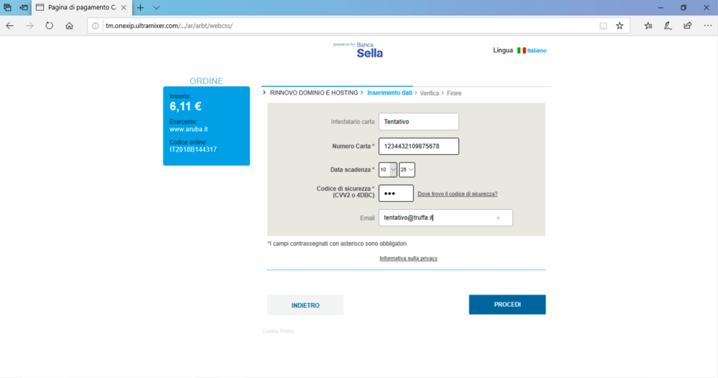 Truffa aruba rinnovo dominio phishing step2