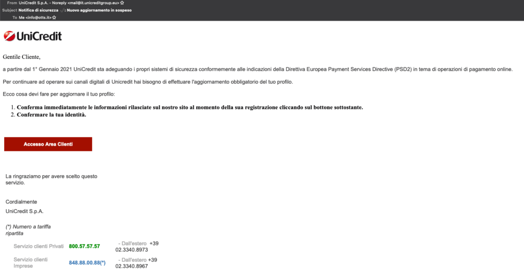 unicredit truffa falsa email