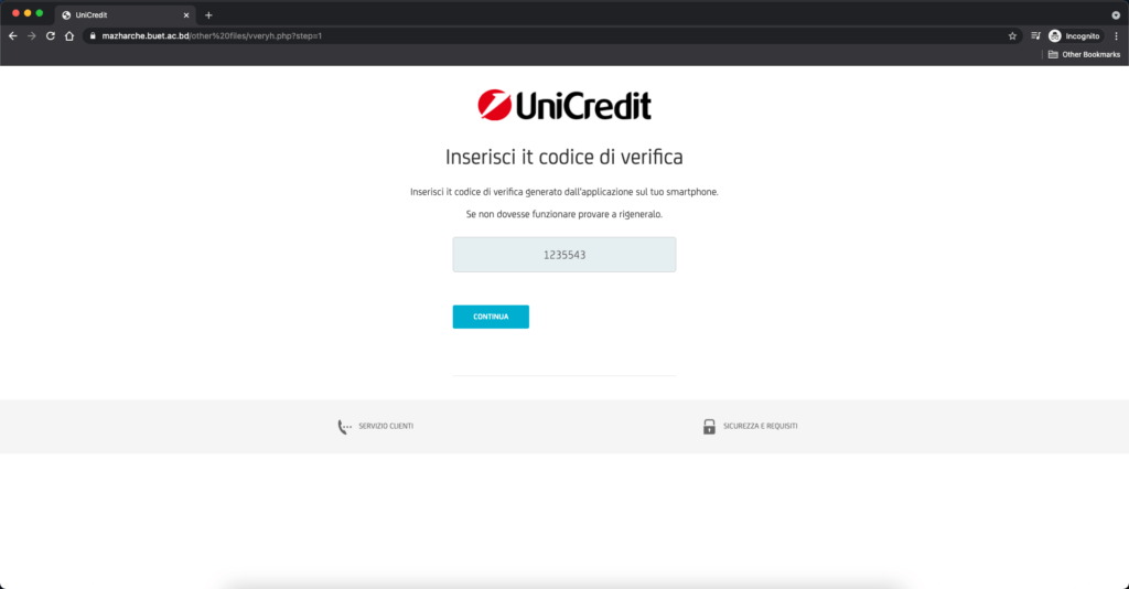 unicredit truffa inserimento codice di verifica